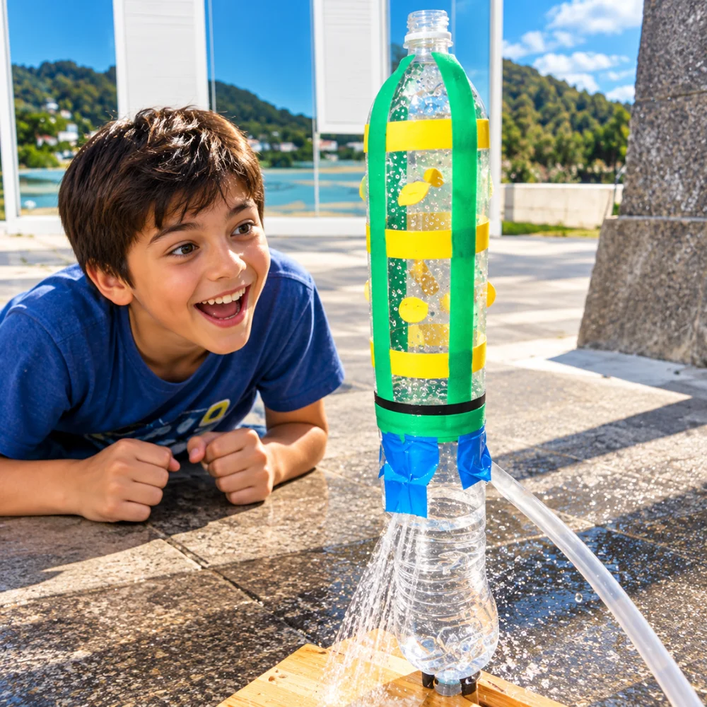 Niño emocionado con un cohete de agua hecho con botellas recicladas