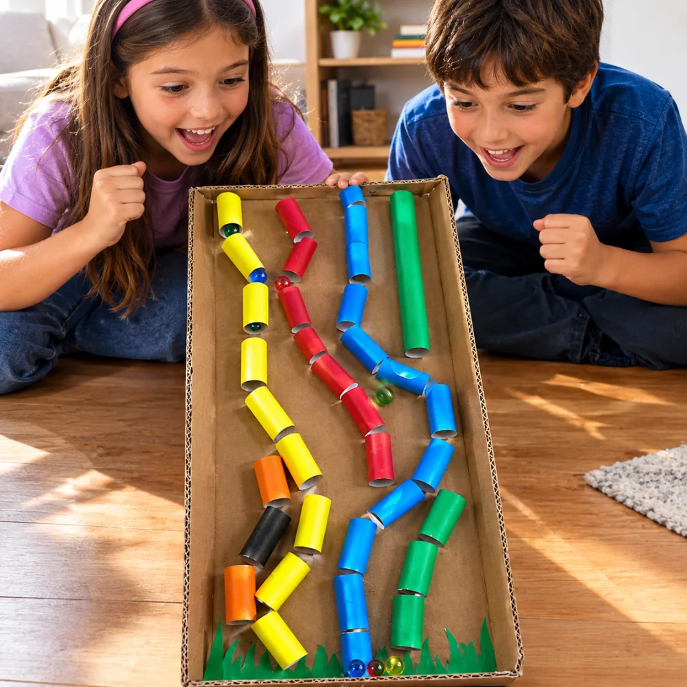 Dos niños jugando con un circuito de canicas hecho con tubos de cartón