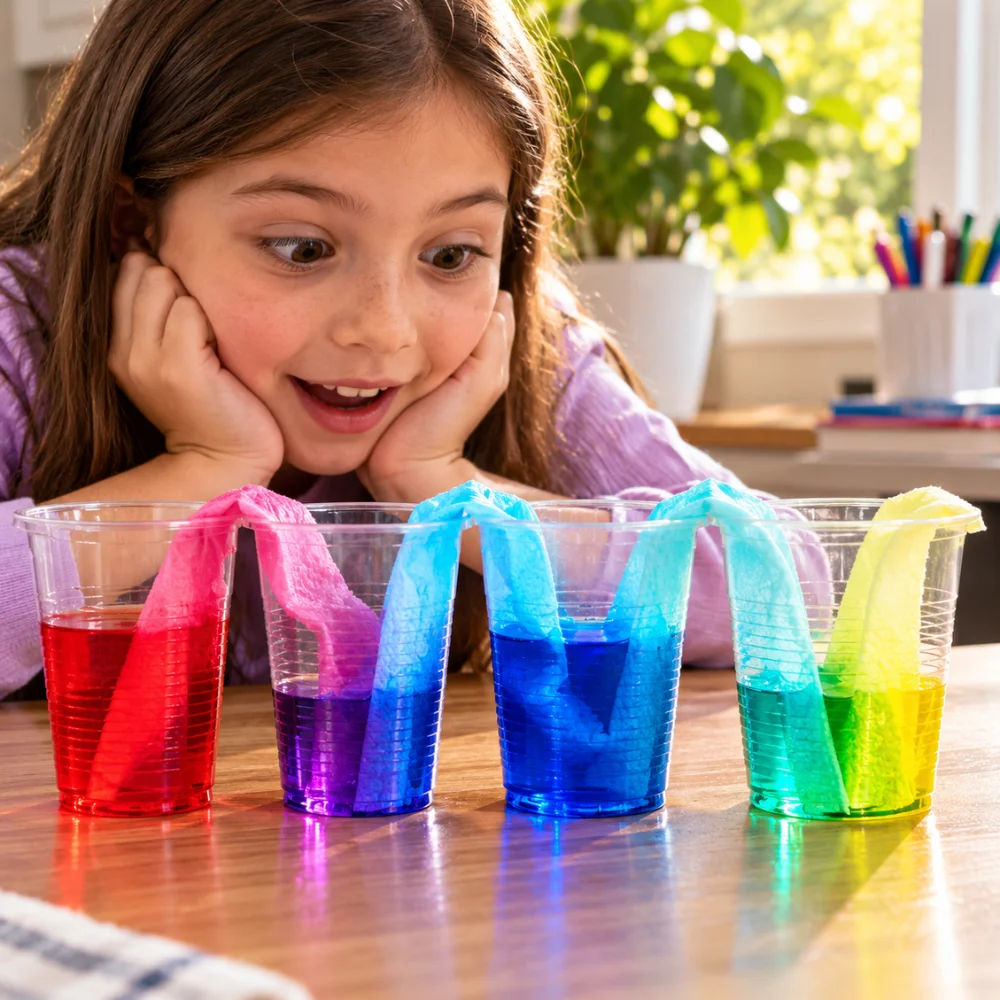 Niña observando el experimento del arcoíris caminante con vasos de colores