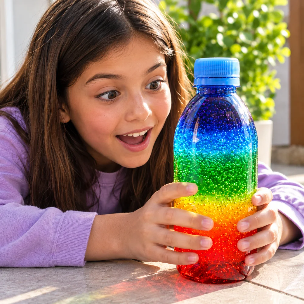 Niña asombrada con una botella sensorial de arcoíris brillante